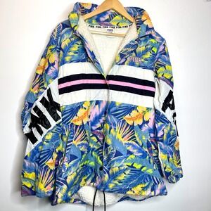 Victoria's Secret PINK Y2K Floral Sherpa‎ Lined Windbreaker Jacket Blue Twee